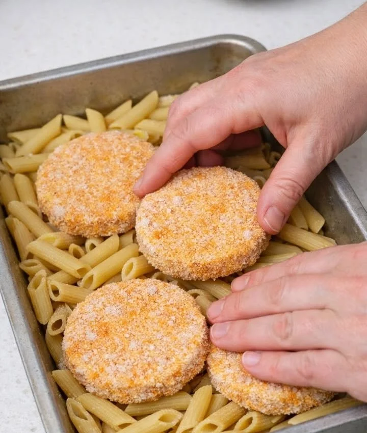 Baked Chicken Penne with cheese and herbs in a casserole dish
