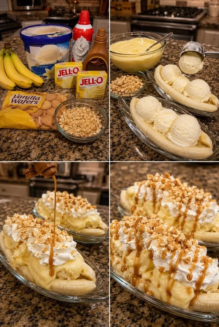 Delicious banana pudding banana split boats served with fresh fruit and whipped cream