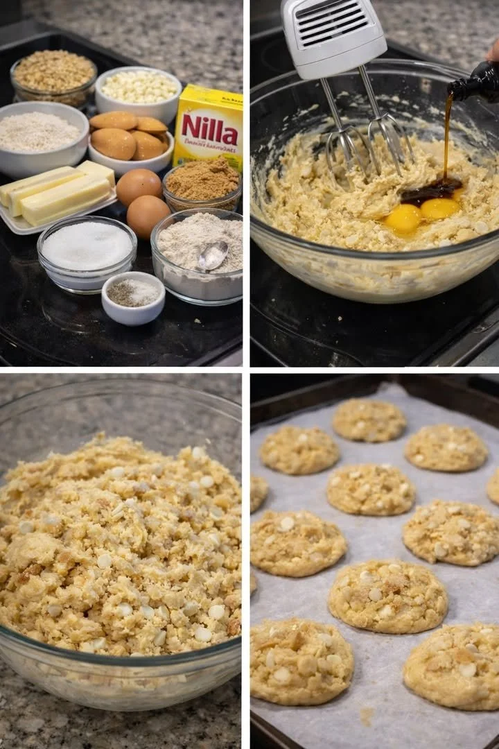Delicious banana pudding cookies stacked on a plate.