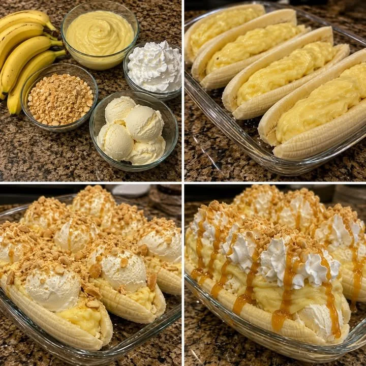 Delicious banana split boats topped with ice cream, nuts, and whipped cream.