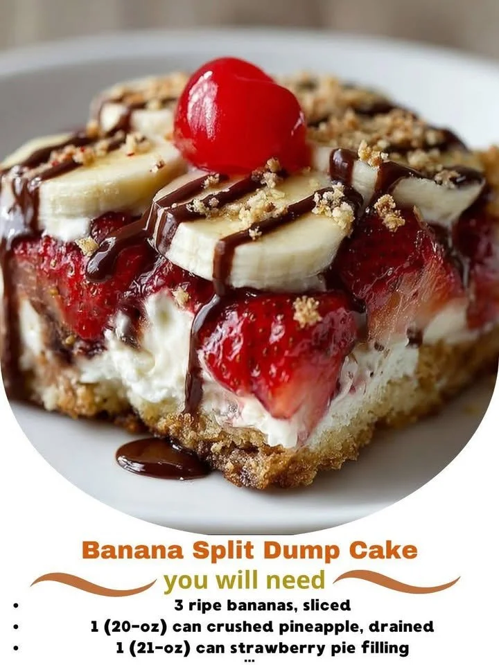 Delicious banana split dump cake topped with bananas and whipped cream