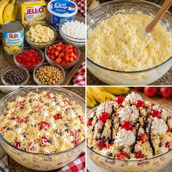 Delicious Banana Split Fluff dessert with bananas, whipped cream, and chocolate