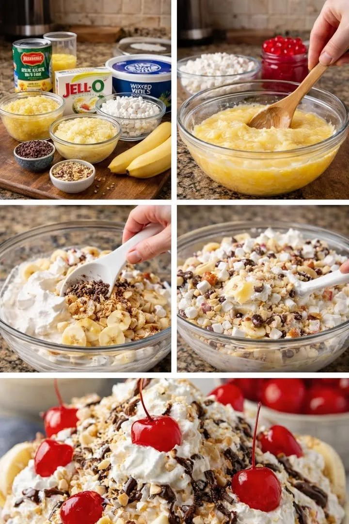 Delicious Banana Split Fluff Salad served in a bowl topped with cherries and nuts
