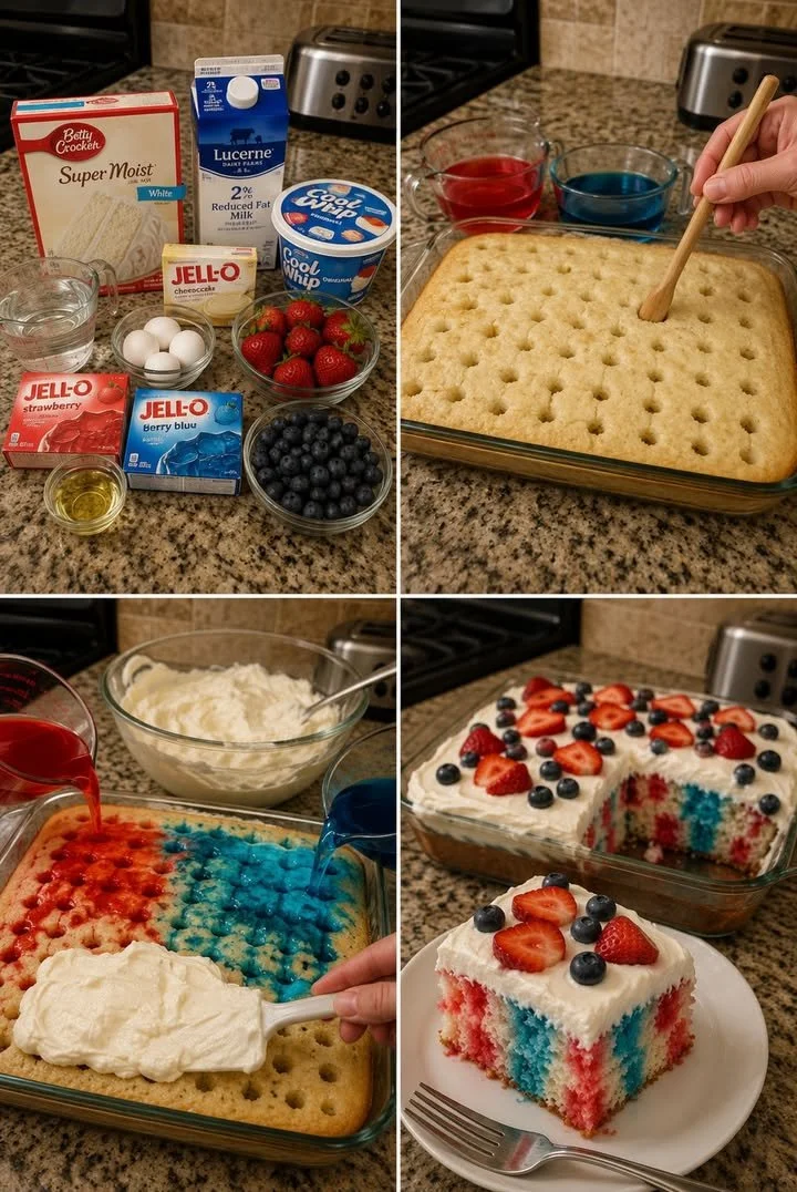 Delicious Berry Poke Cake topped with creamy cheesecake layer and fresh berries