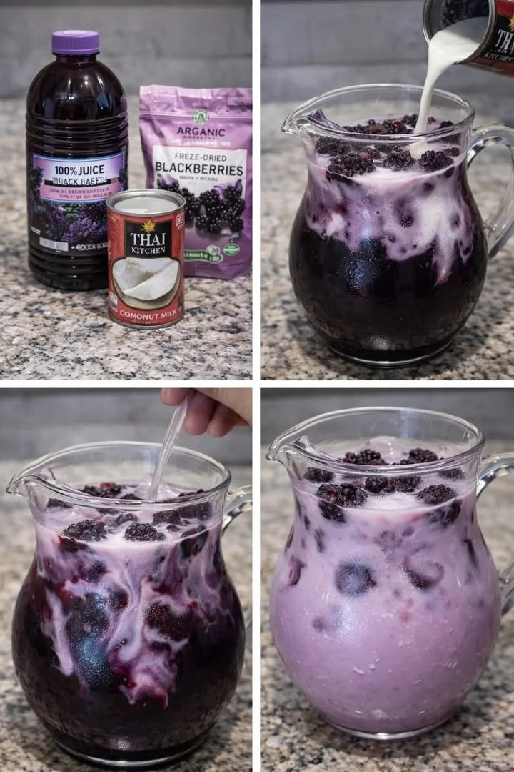 Refreshing Blackberry Coconut Drink in a pink glass with blackberries and coconut
