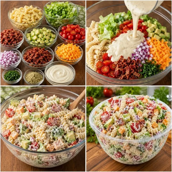BLT Pasta Salad with crispy bacon, lettuce, and tomatoes served in a bowl.