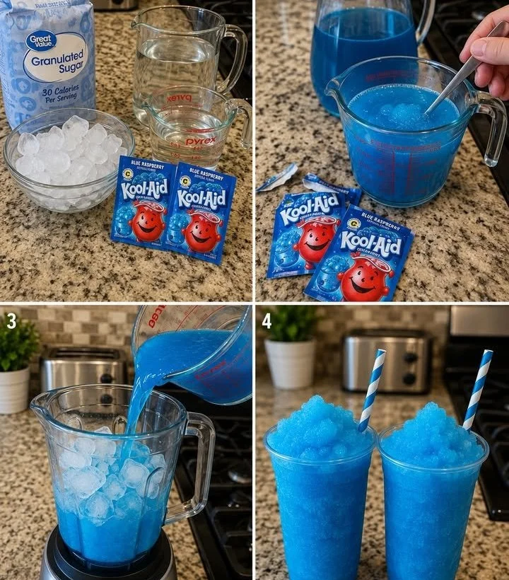 Blue Raspberry Kool-Aid Slush in a colorful cup with ice