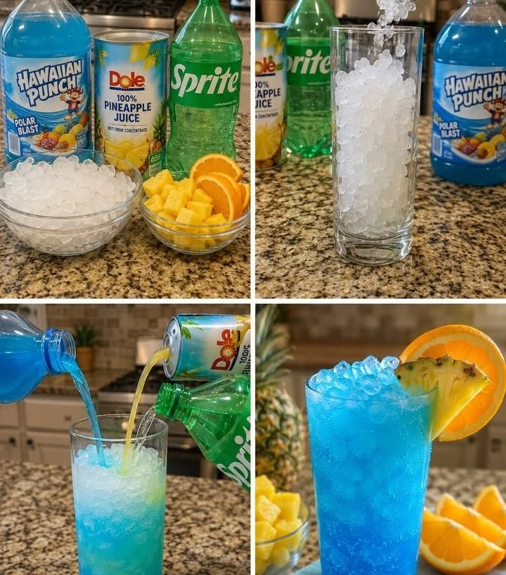Refreshing Blue Tropical Punch in a glass with tropical fruits