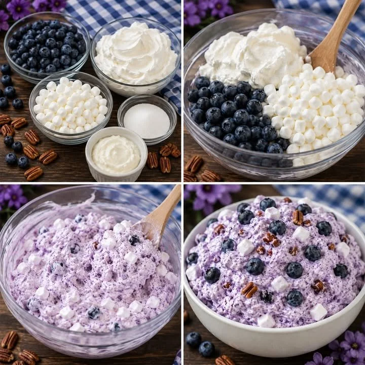 A delicious bowl of Blueberry Fluff Salad with fresh blueberries and cream.