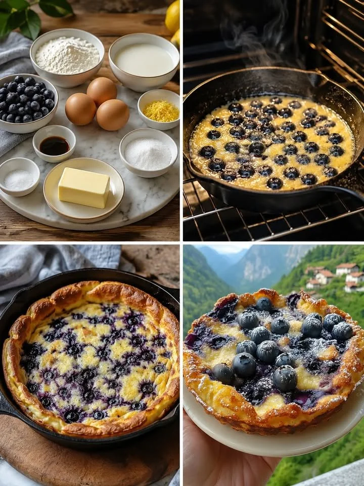 Fluffy Blueberry Lemon Dutch Baby topped with fresh blueberries and lemon zest