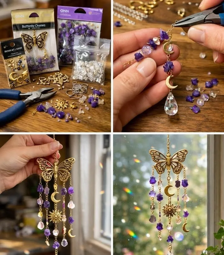 Colorful Butterfly Crystal Charm Suncatcher hanging in sunlight