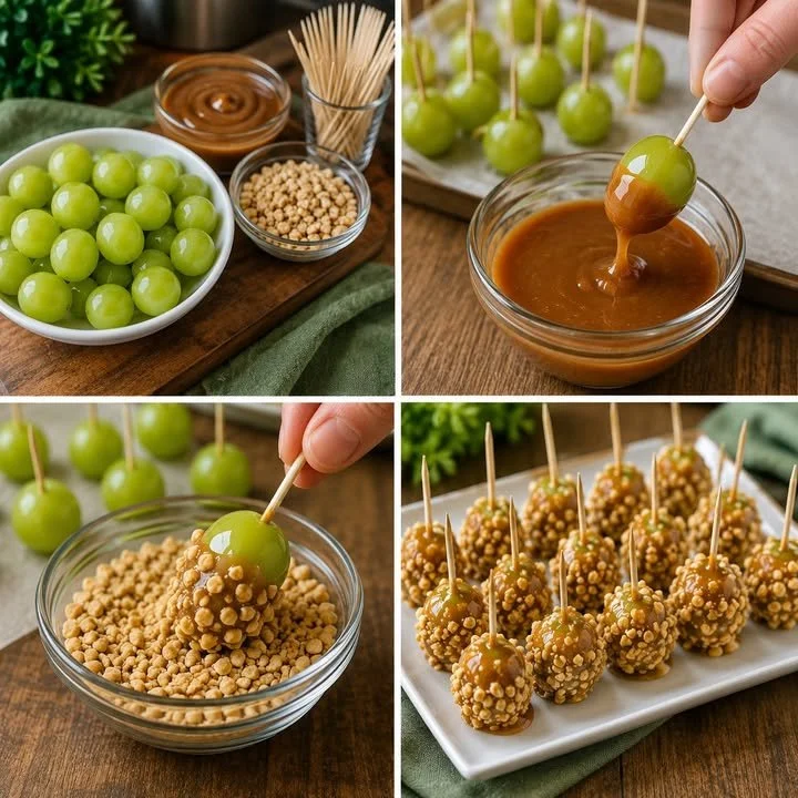 A bowl of caramel apple grapes coated in creamy caramel sauce