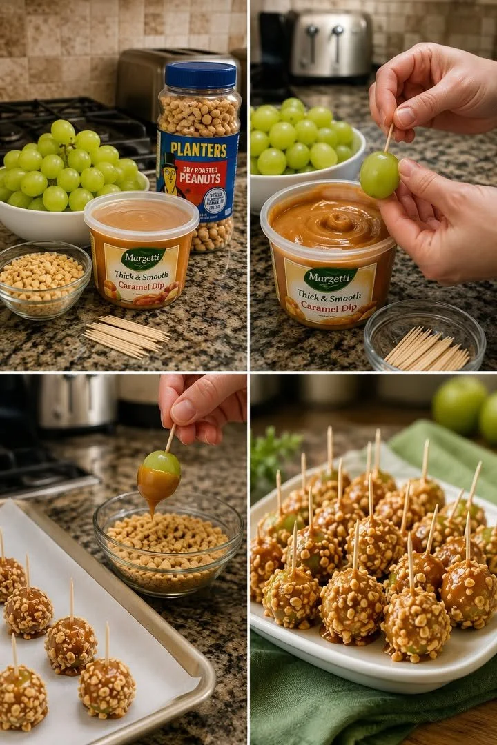 Delicious caramel apple grapes drizzled in caramel sauce