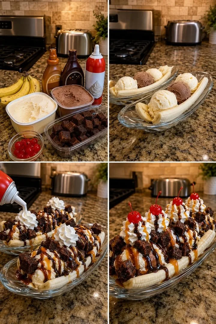 Caramel Brownie Banana Split Boats served with toppings