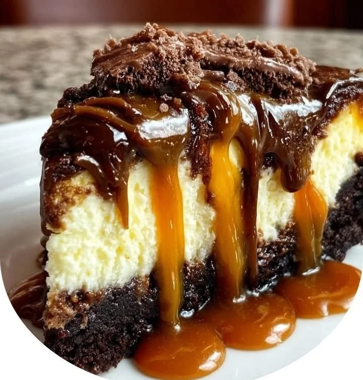 Delicious caramel brownie cheesecake topped with caramel drizzle