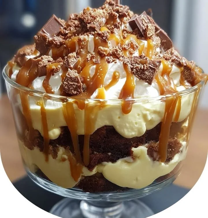 Caramel Cheesecake Brownie Trifle layered dessert with chocolate and caramel