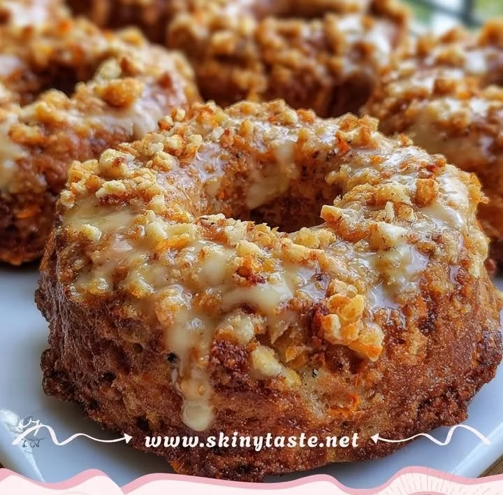 Carrot cake donuts topped with cream cheese icing and walnuts.