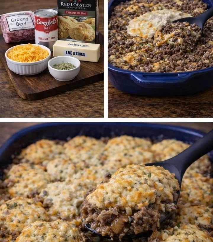 Cheddar Bay Beef Cobbler served in a bowl with cheddar biscuits on top