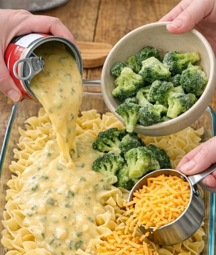 Delicious Cheddar Broccoli Noodle Bake topped with melted cheese