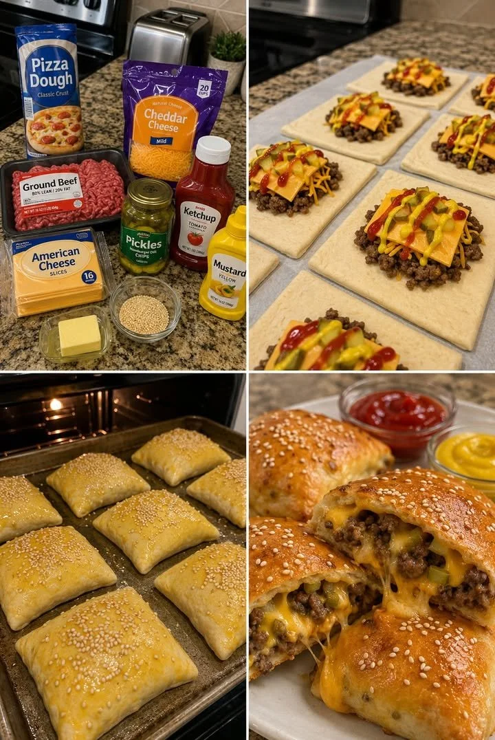 Savory cheeseburger pizza dough pockets filled with toppings.