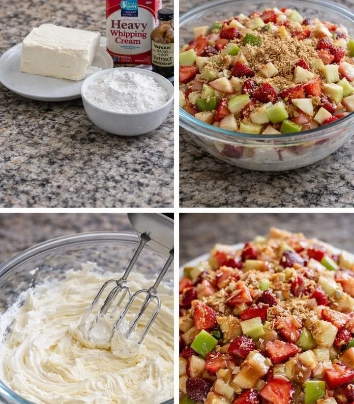 Delicious cheesecake fruit salad with fresh fruits and creamy cheesecake topping.