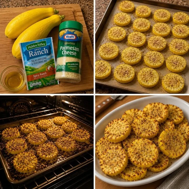 Cheesy baked squash rounds served on a plate with herbs