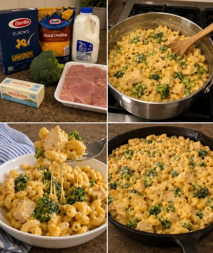 Cheesy Chicken Broccoli Macaroni dish topped with melted cheese and fresh broccoli