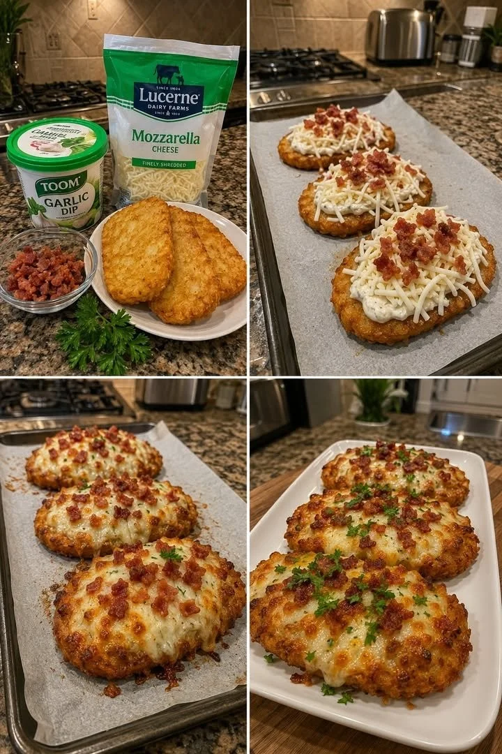 Delicious cheesy garlic loaded hashbrowns topped with herbs and cheese
