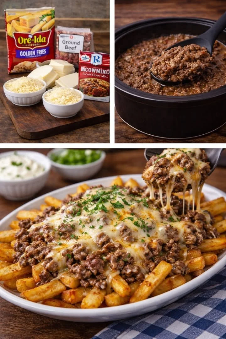 Cheesy loaded fries topped with beef and mozzarella melt