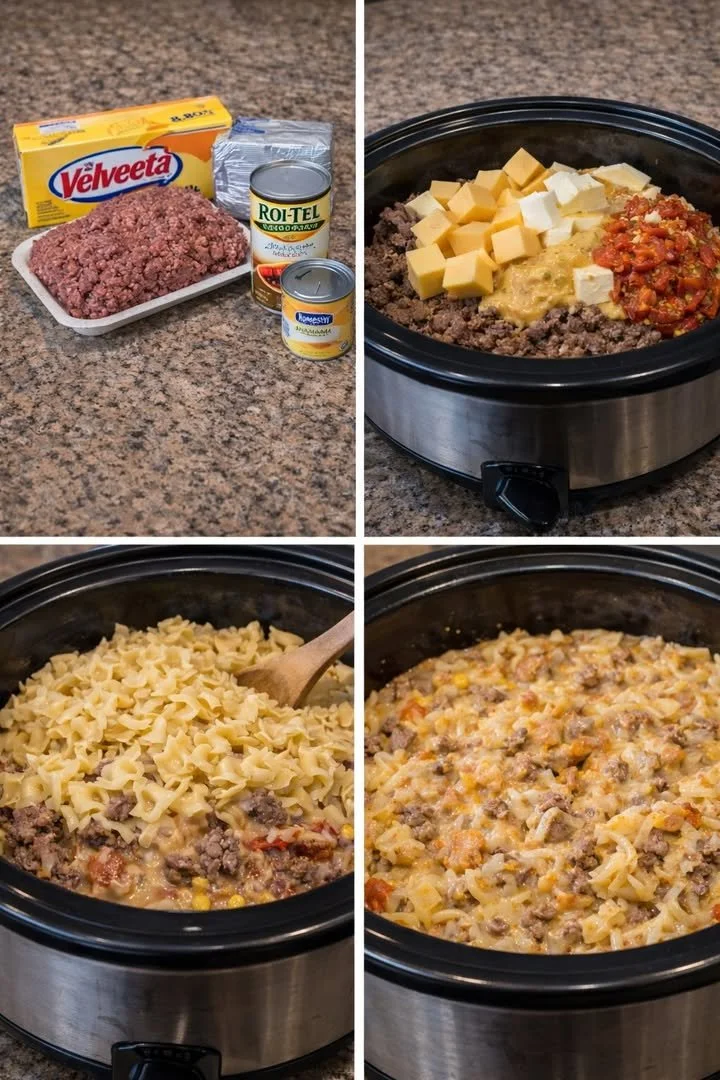 Plate of Cheesy Rotel Beef Pasta with cheese and spices