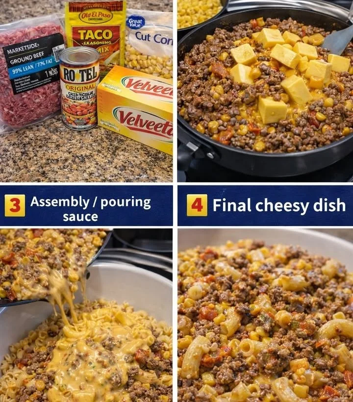 Cheesy Taco Macaroni Skillet served in a pan with toppings