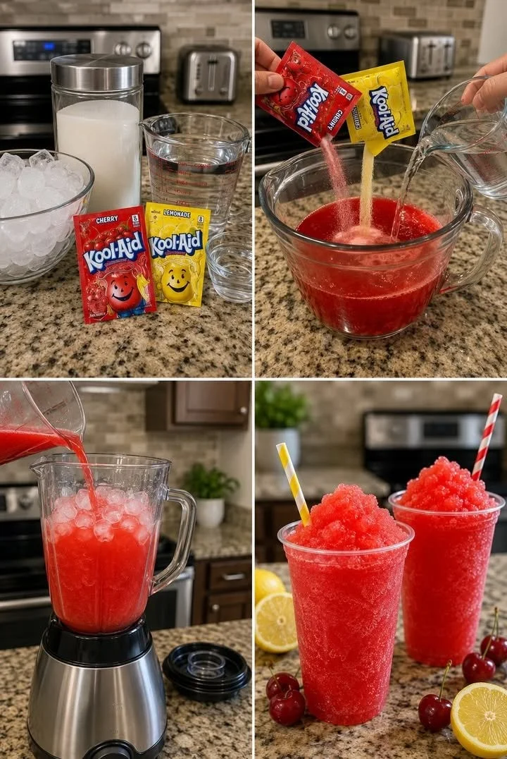 Cherry Lemonade Kool-Aid Slush in a clear glass with ice and garnishes