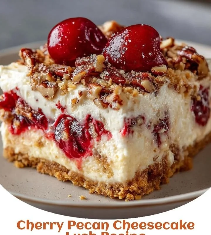 Delicious Cherry Pecan Cheesecake Lush dessert with cherry topping and pecans
