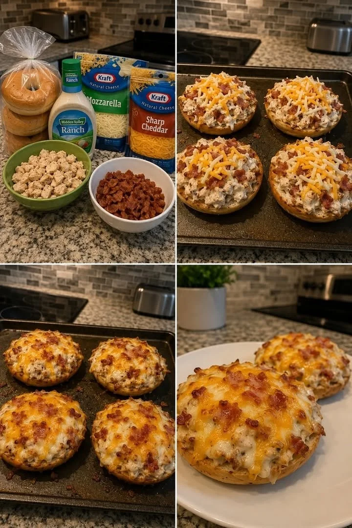Chicken Bacon Ranch Bagel Melts served with crispy bacon and ranch sauce