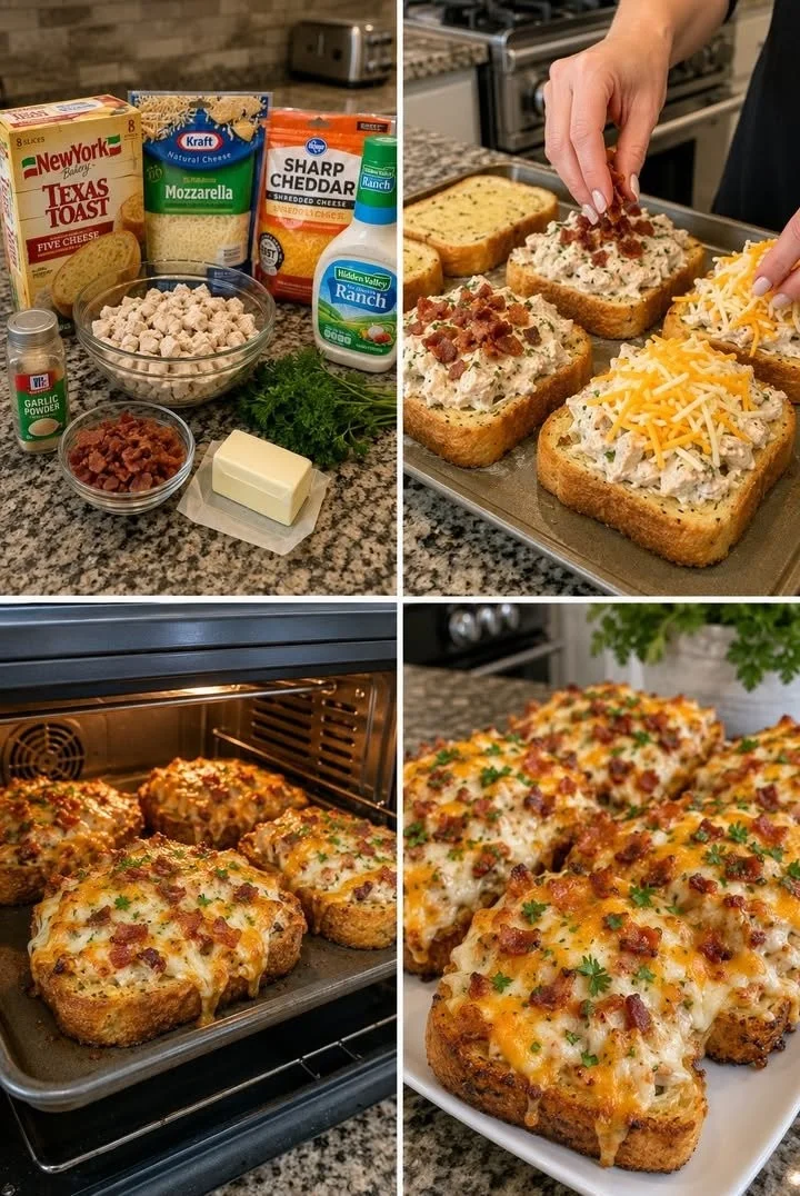 Delicious Chicken Bacon Ranch Garlic Toast topped with cheese and herbs