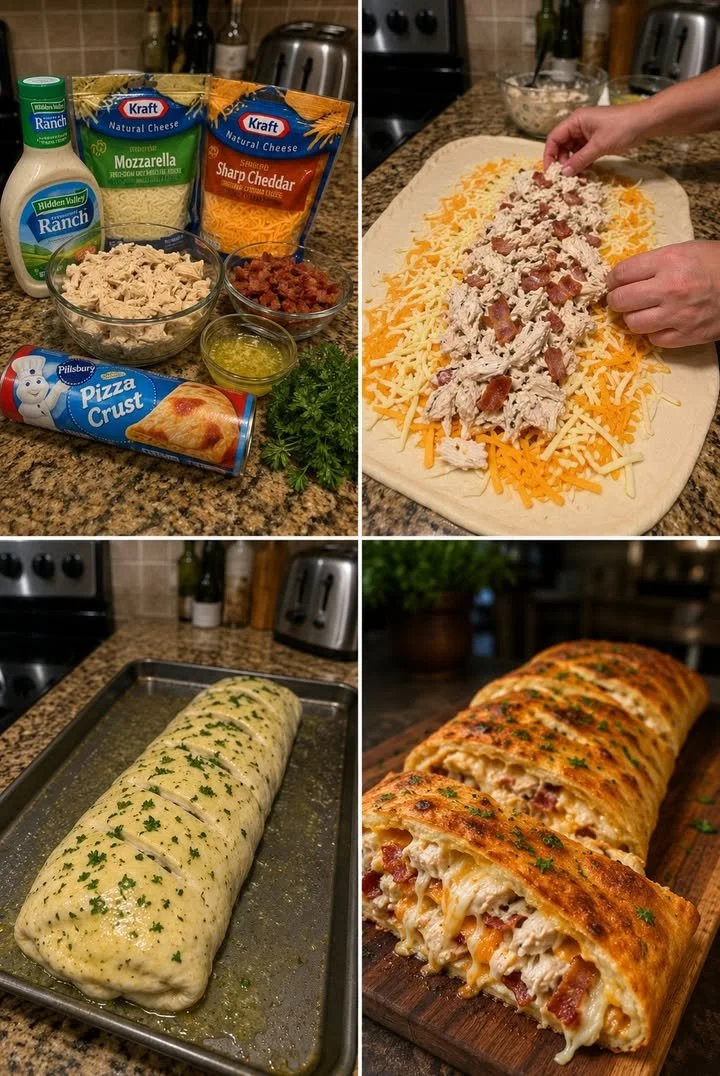Homemade Chicken Bacon Ranch Stromboli with melted cheese and crispy bacon.