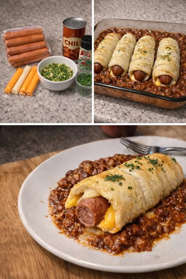 Baked Chili Cheesedog with melted cheese and chili sauce