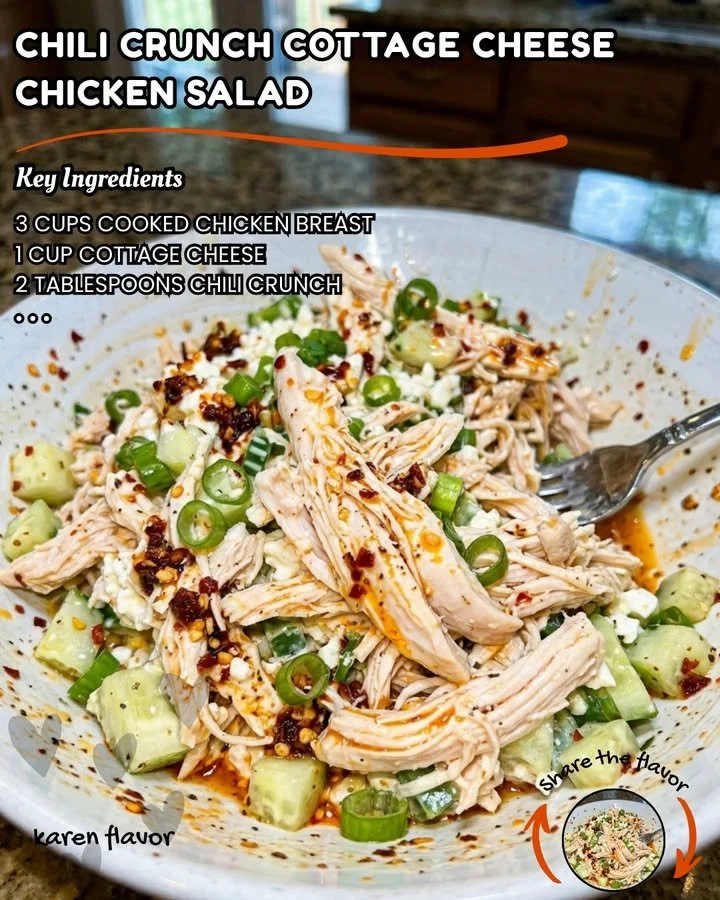 Chili Crunch Cottage Cheese Chicken Salad bowl with fresh ingredients