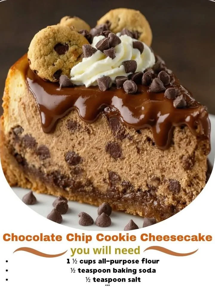 Slice of Chocolate Chip Cookie Cheesecake topped with cookie pieces