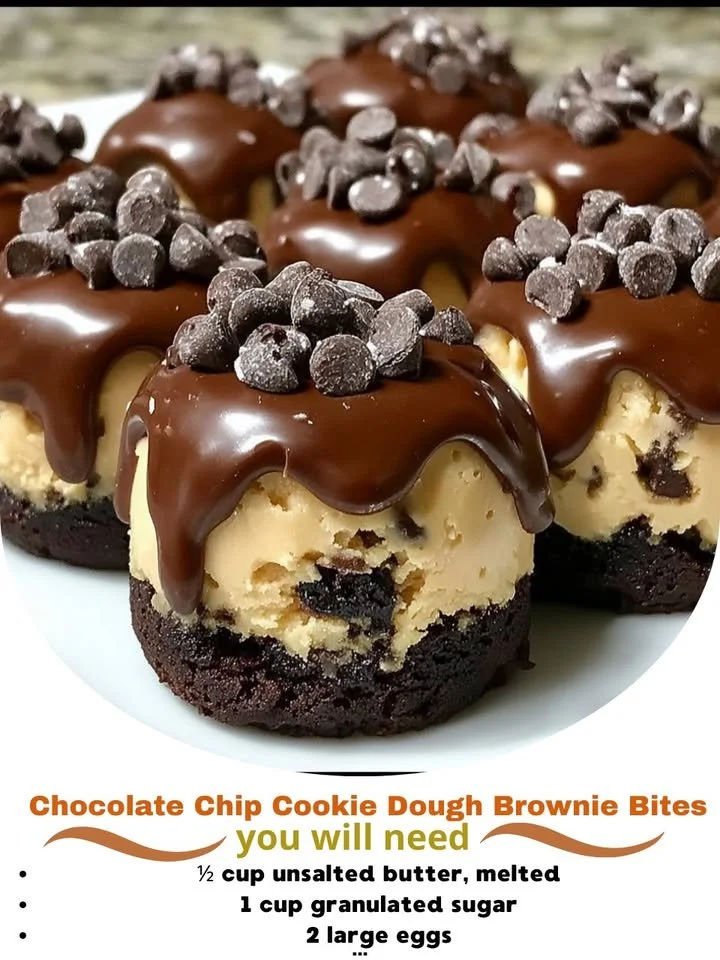 Chocolate Chip Cookie Dough Brownie Bites dessert with a rich chocolate layer and cookie dough topping