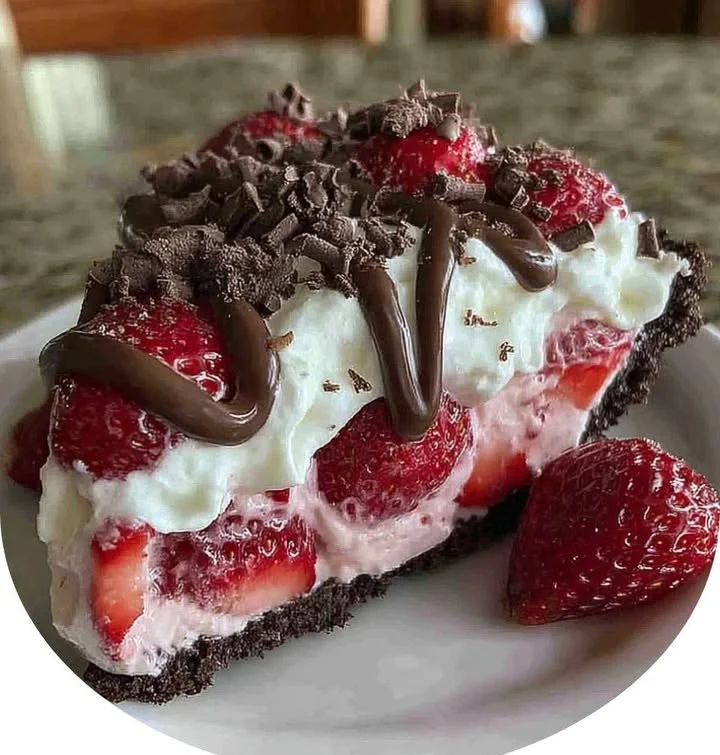 Deliciously decadent Chocolate Covered Strawberry Pie topped with fresh strawberries