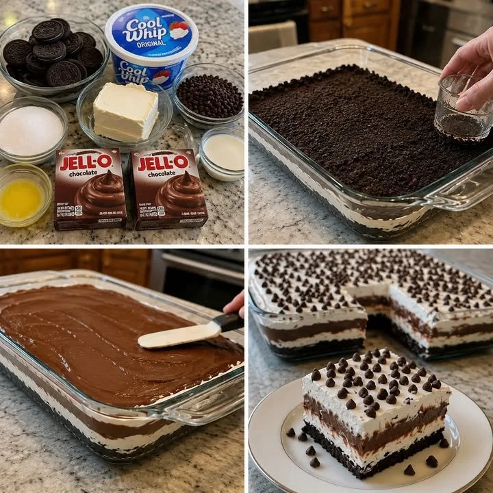 Delicious chocolate lasagna dessert layered with rich chocolate filling and cream