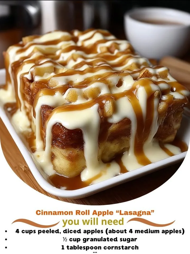Delicious Cinnamon Roll Apple Lasagna dessert with layers of cinnamon rolls and apples
