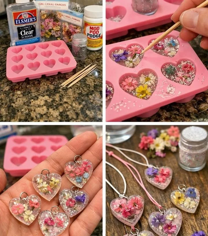 DIY clear glue flower heart charms for creative projects