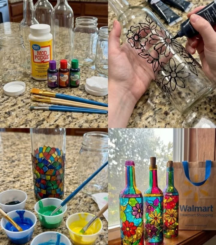 Colorful glass bottles painted to resemble stained glass art