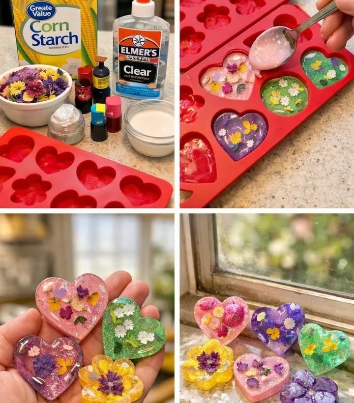 DIY floral hearts made from cornstarch glass