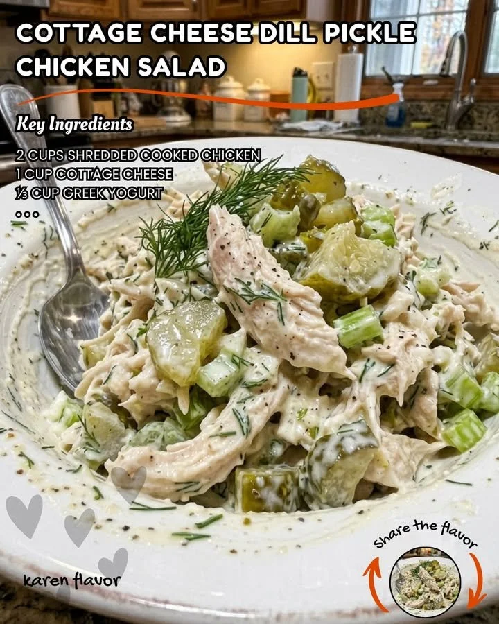 Cottage Cheese Dill Pickle Chicken Salad served in a bowl with fresh herbs