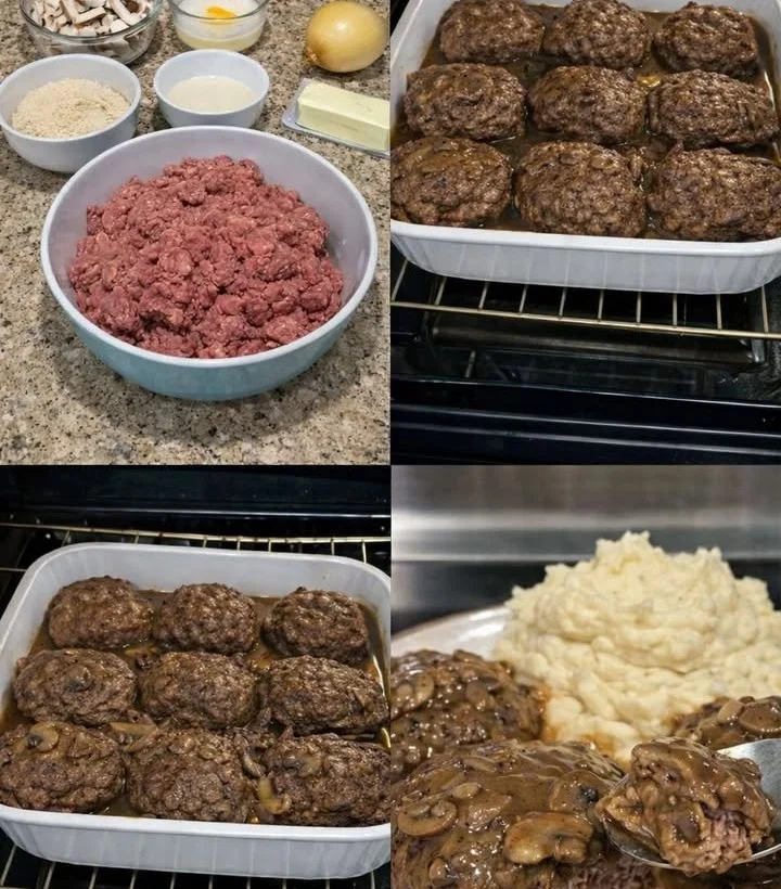 Cozy Amish Hamburger Steak Bake dish served with vegetables and gravy