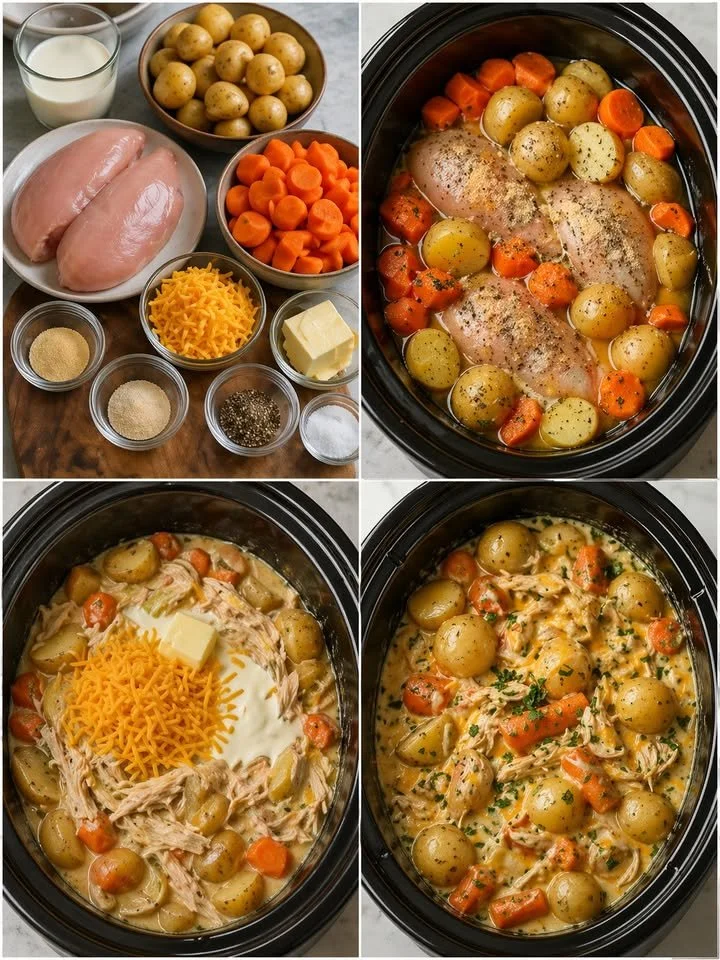 Creamy Cheesy Crockpot Chicken Stew served in a bowl with vegetables.
