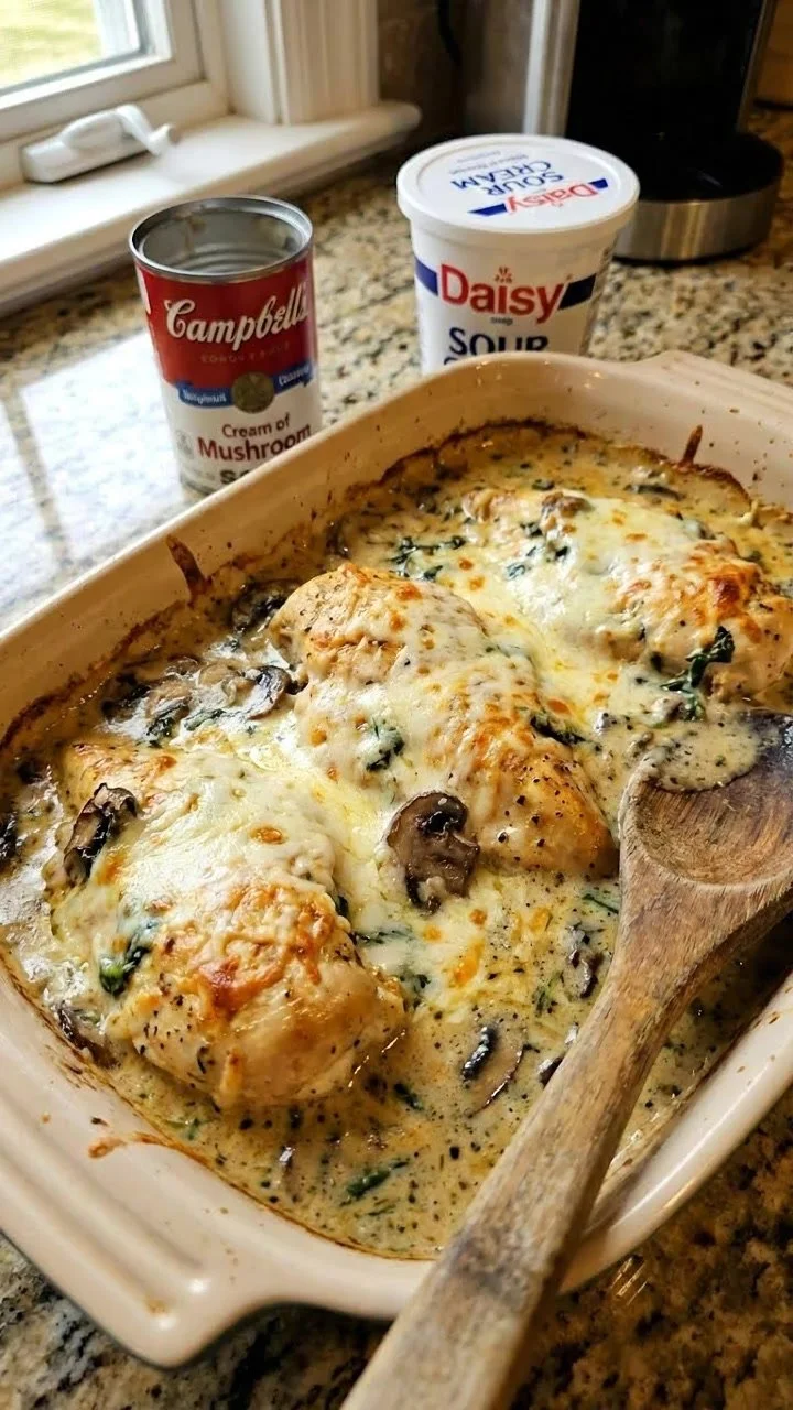 Creamy Chicken Bake in a serving dish topped with herbs and served with sides